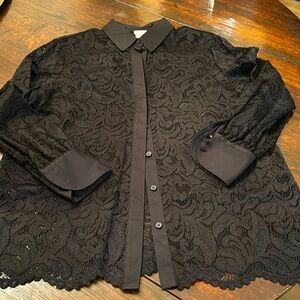 Chico’s long sleeved black lace stretch shirt